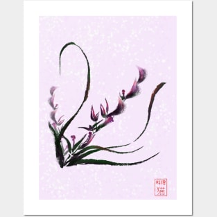 Pretty sumi-e orchid on a lilac background Posters and Art